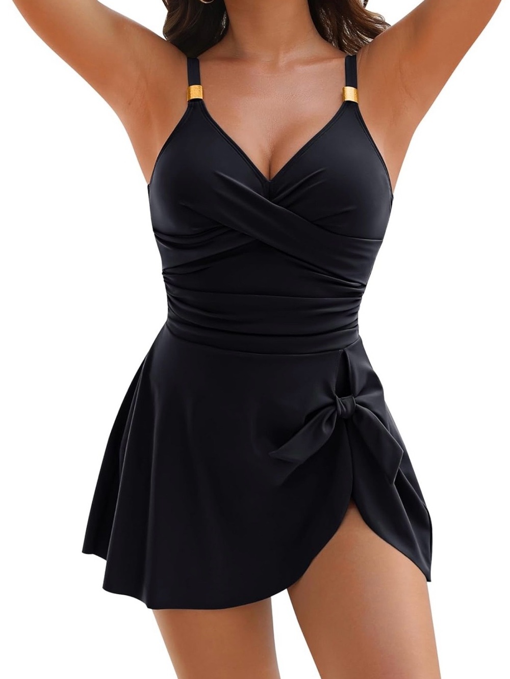 Black One-Piece Swimdress with Skirt and Bow